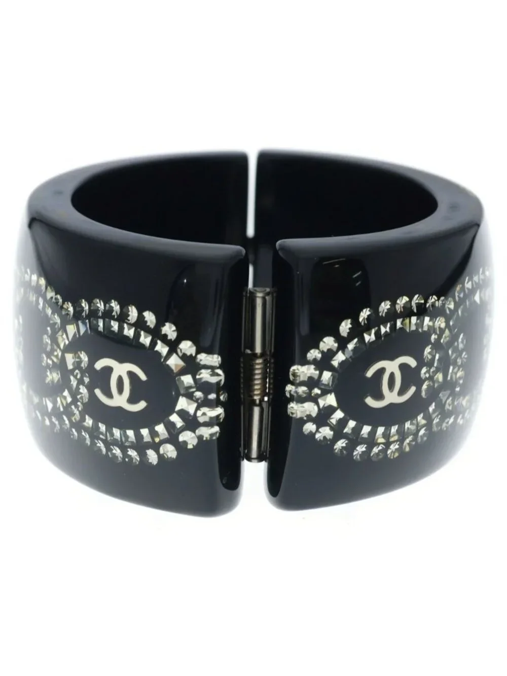 Chanel CC Logo Rhinestone Bangle Bracelet Black